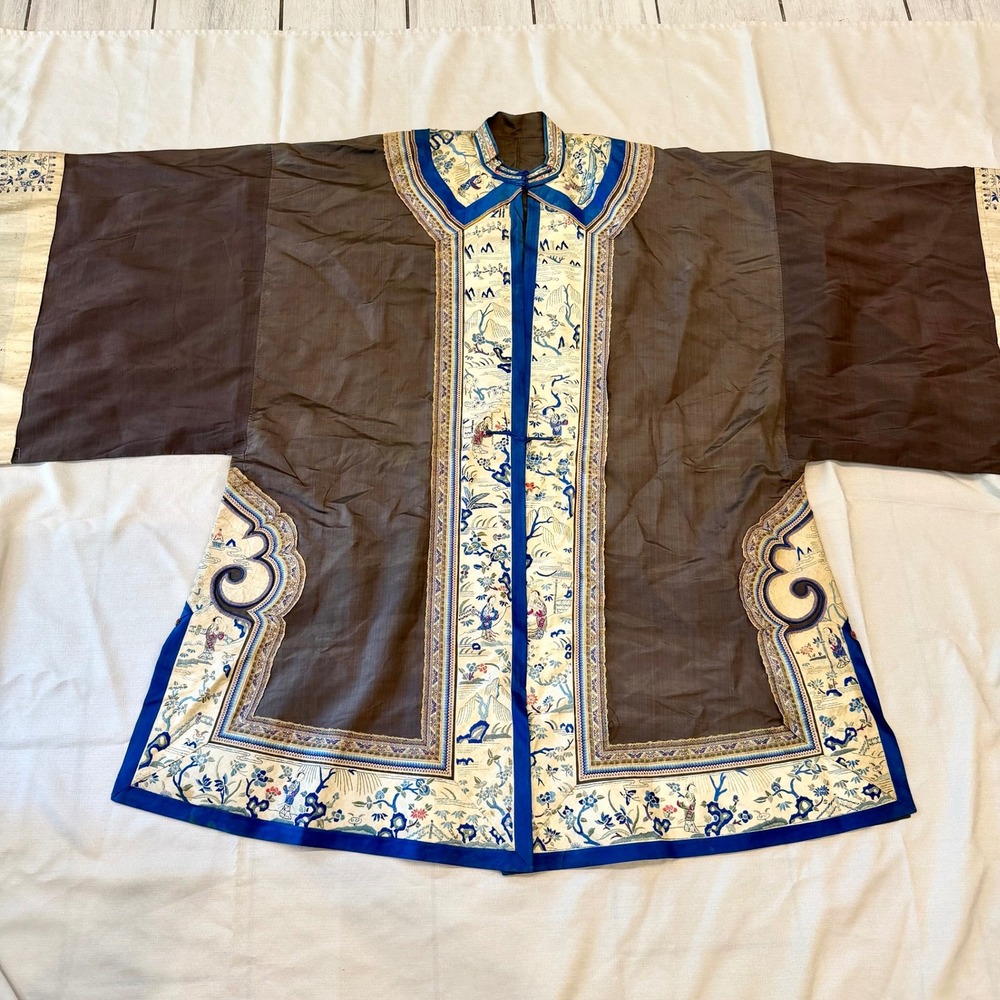 Womens Antique Jacket OS Silk Qing Dynasty Dark Brown Embroidered Figures